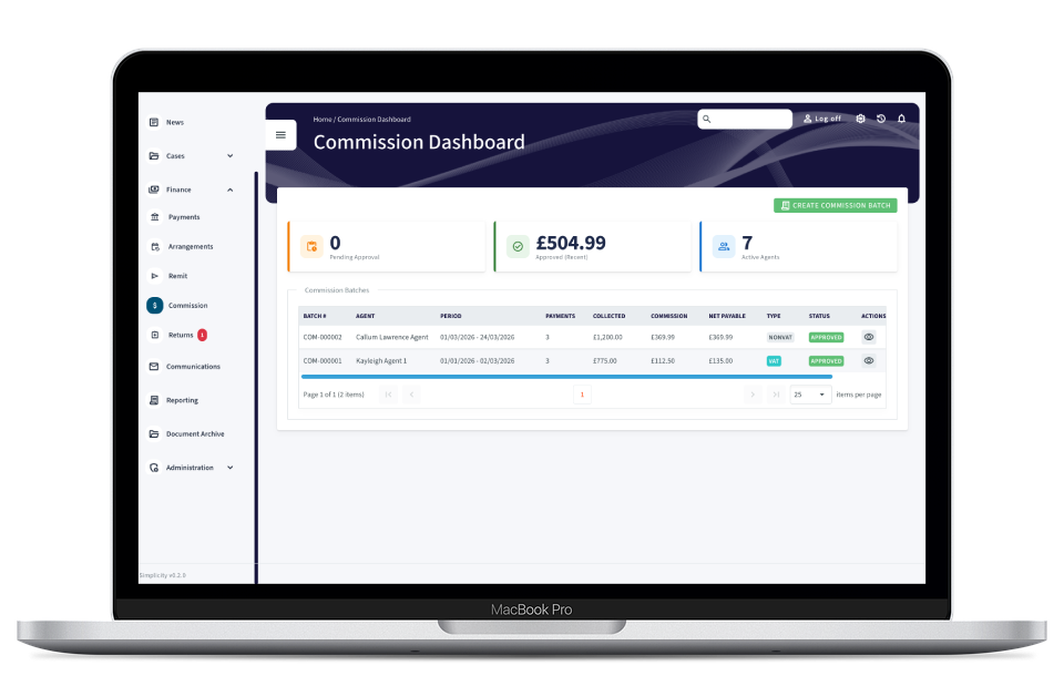 Simplicity Payments dashboard shown on a MacBook